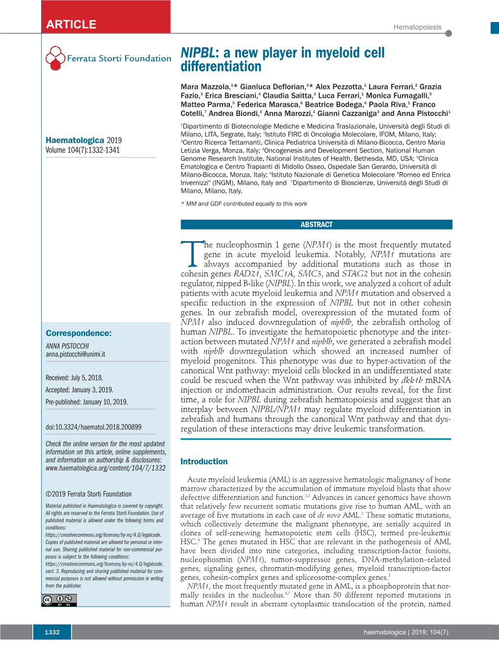 NIPBL: a New Player in Myeloid Cell Ferrata Storti Foundation Differentiation