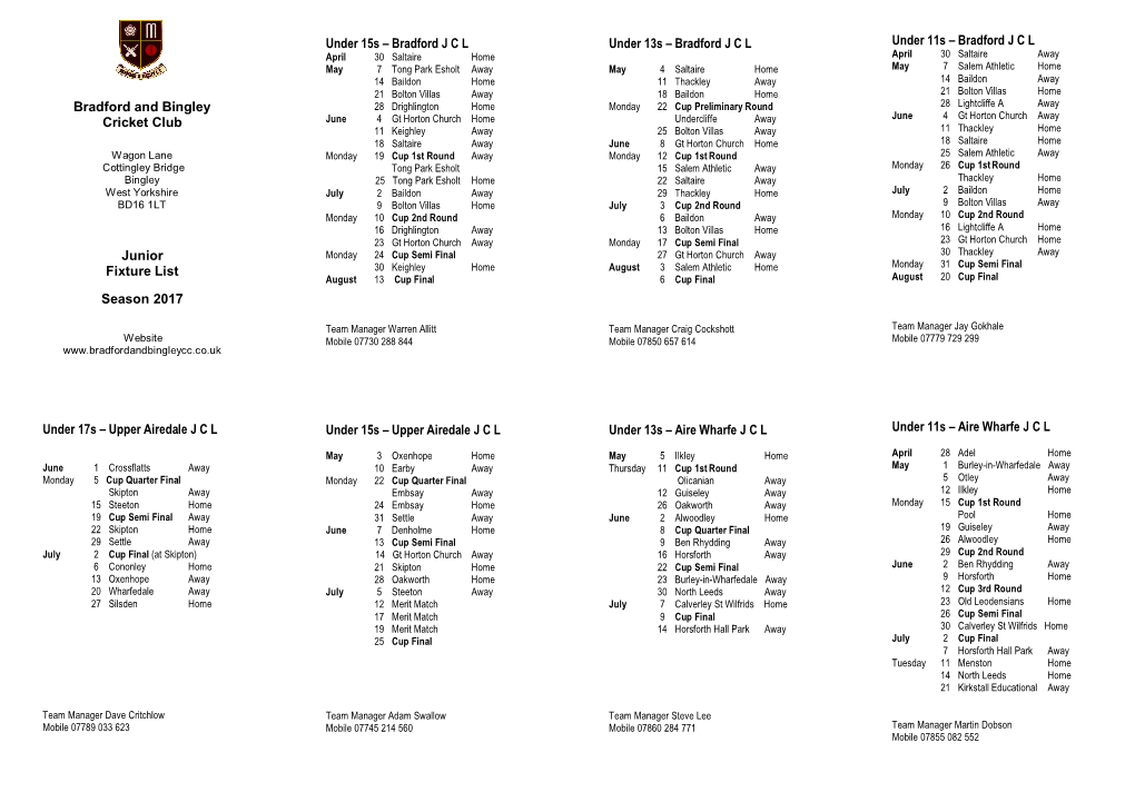 Bradford and Bingley Cricket Club Junior Fixture List Season 2017