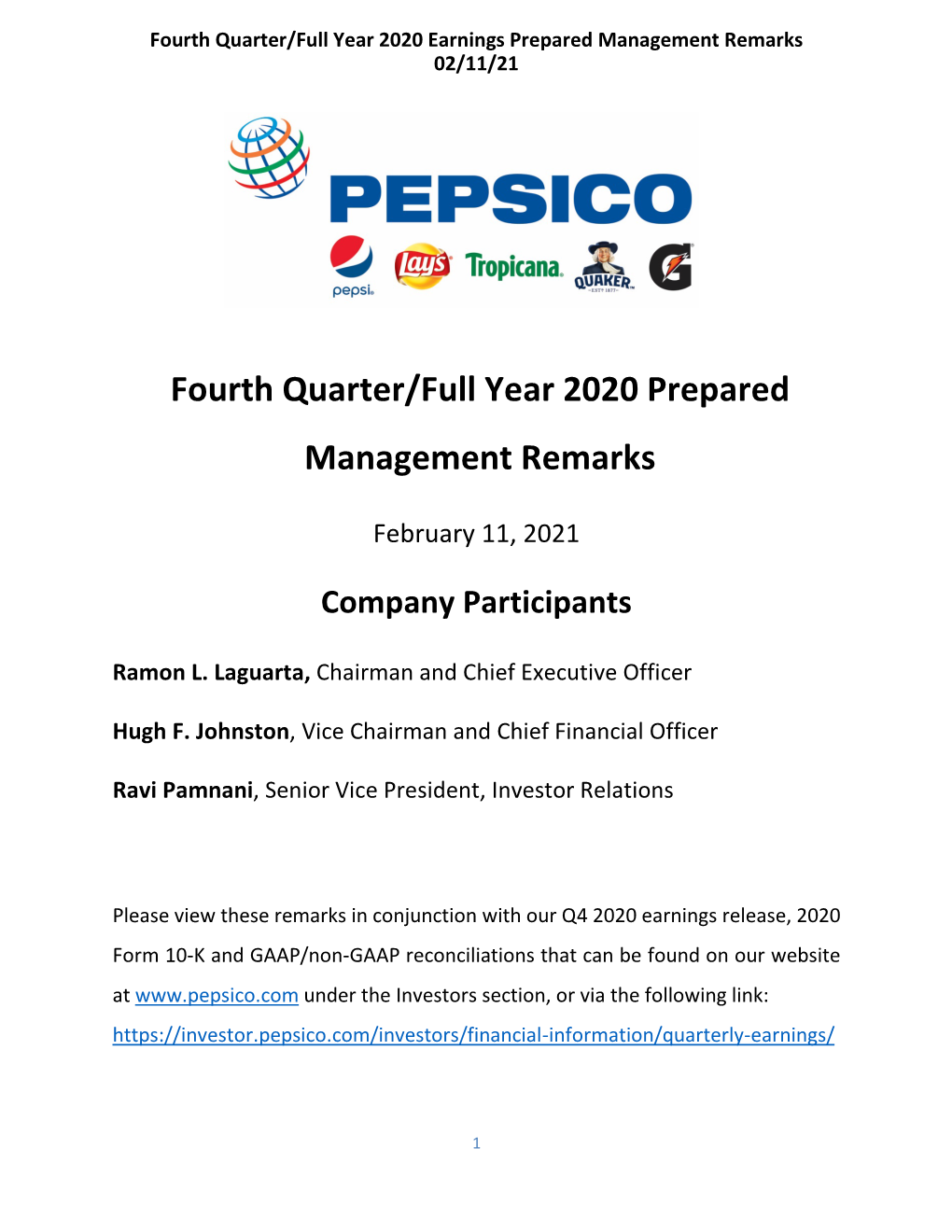 Fourth Quarter/Full Year 2020 Prepared Management Remarks