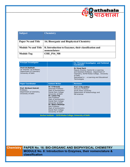 BIO-ORGANIC and BIOPHYSICAL CHEMISTRY MODULE No. 8: Introduction to Enzymes, Their Nomenclature & Classification