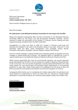 Corangamite Shire Council’S Submission to the Ministerial Advisory Committee (MAC) for the Inquiry Into the Environment Protection Authority
