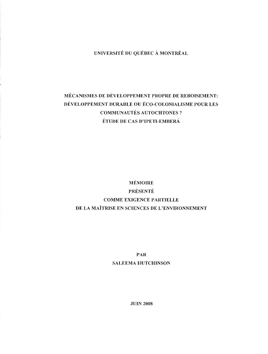 Développement Durable Ou Éco-Colonialisme Pour Les Communautésautochtones? Étude De Cas D'ipeti-Embera