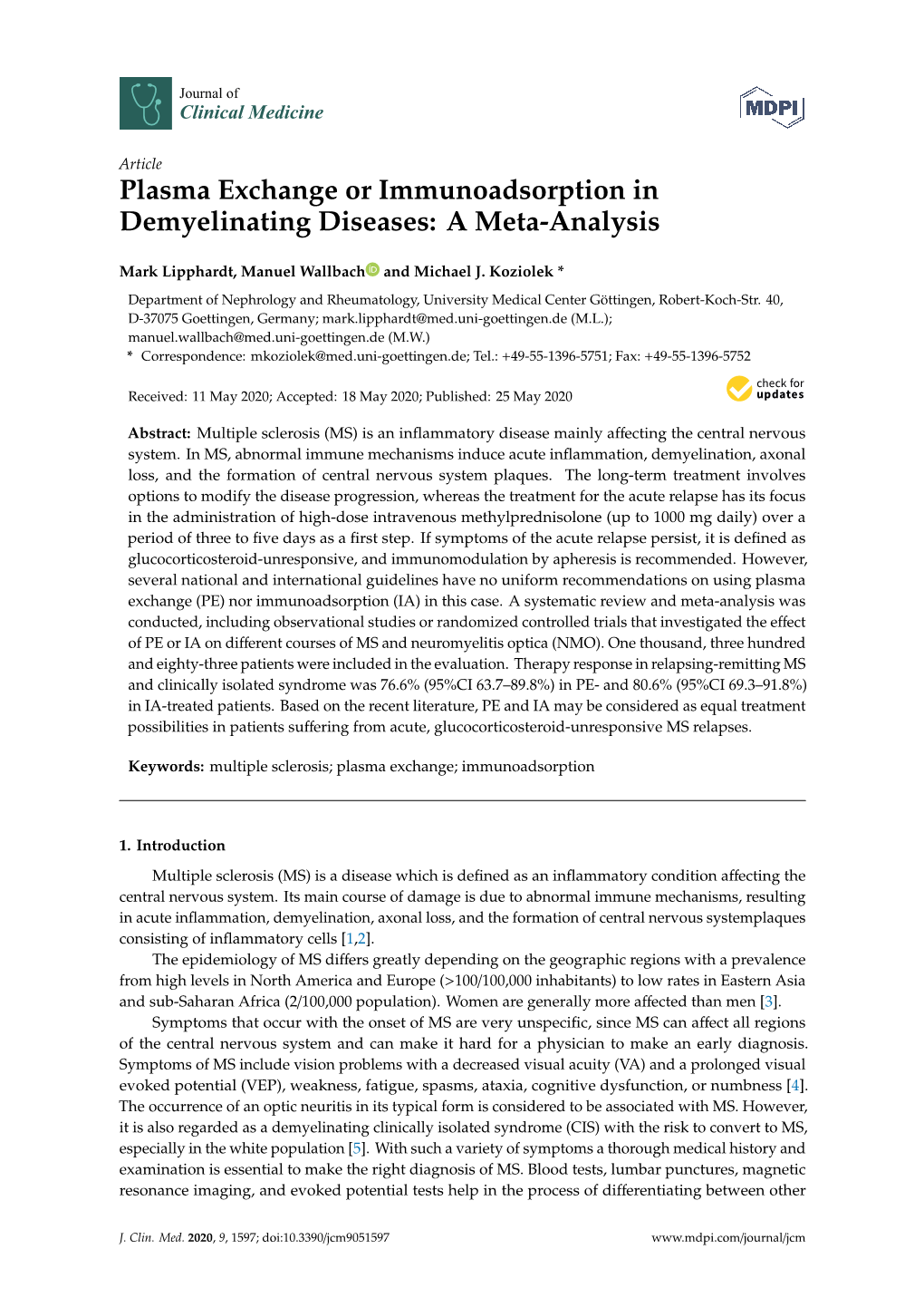 Plasma Exchange Or Immunoadsorption in Demyelinating Diseases: a Meta-Analysis