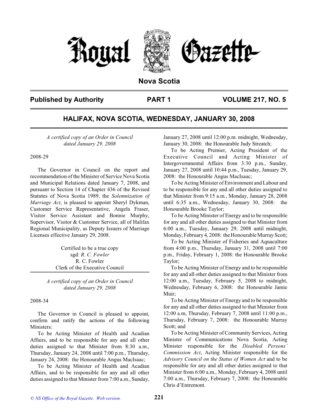 NS Royal Gazette Part I