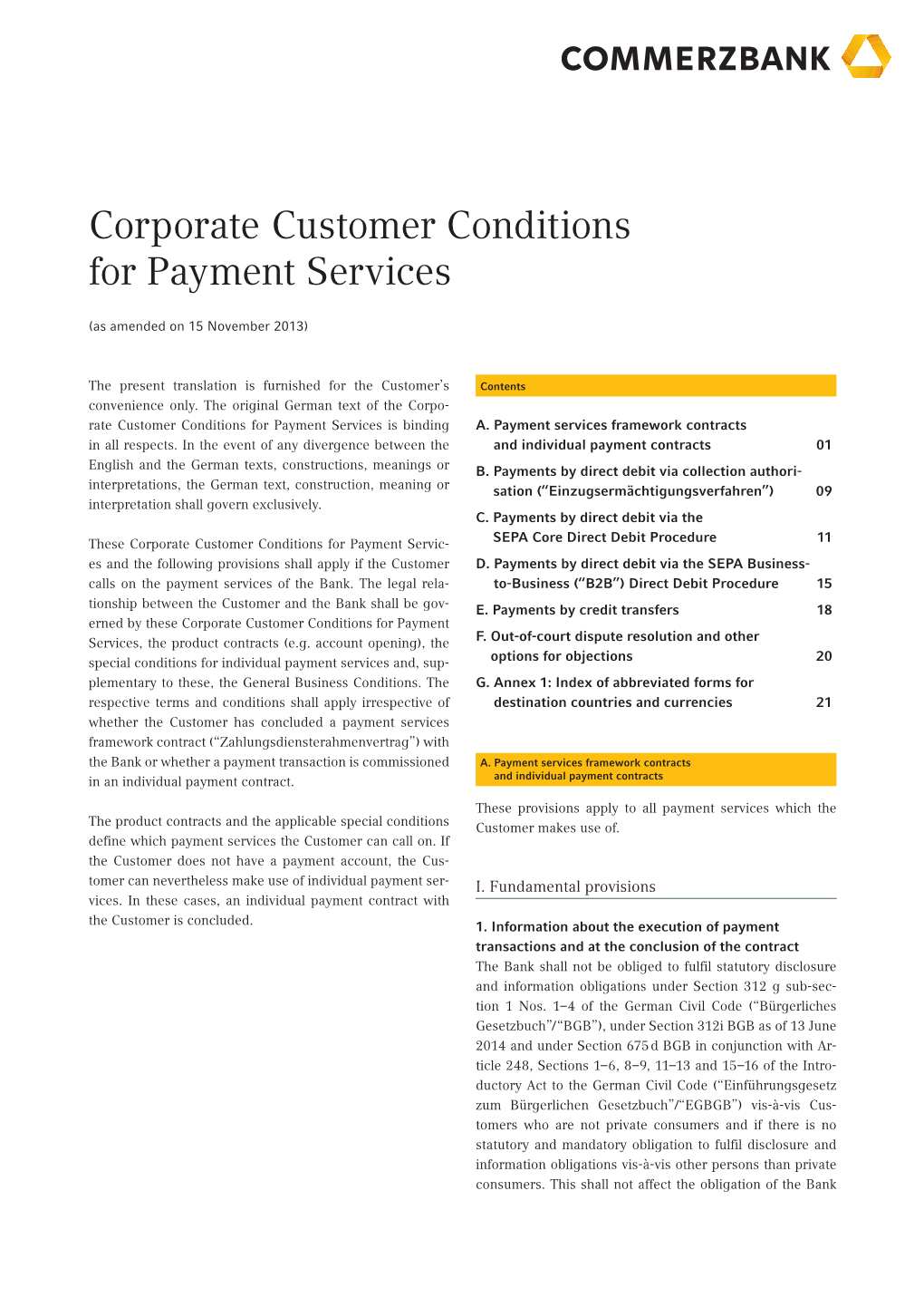 Corporate Customer Conditions for Payment Services
