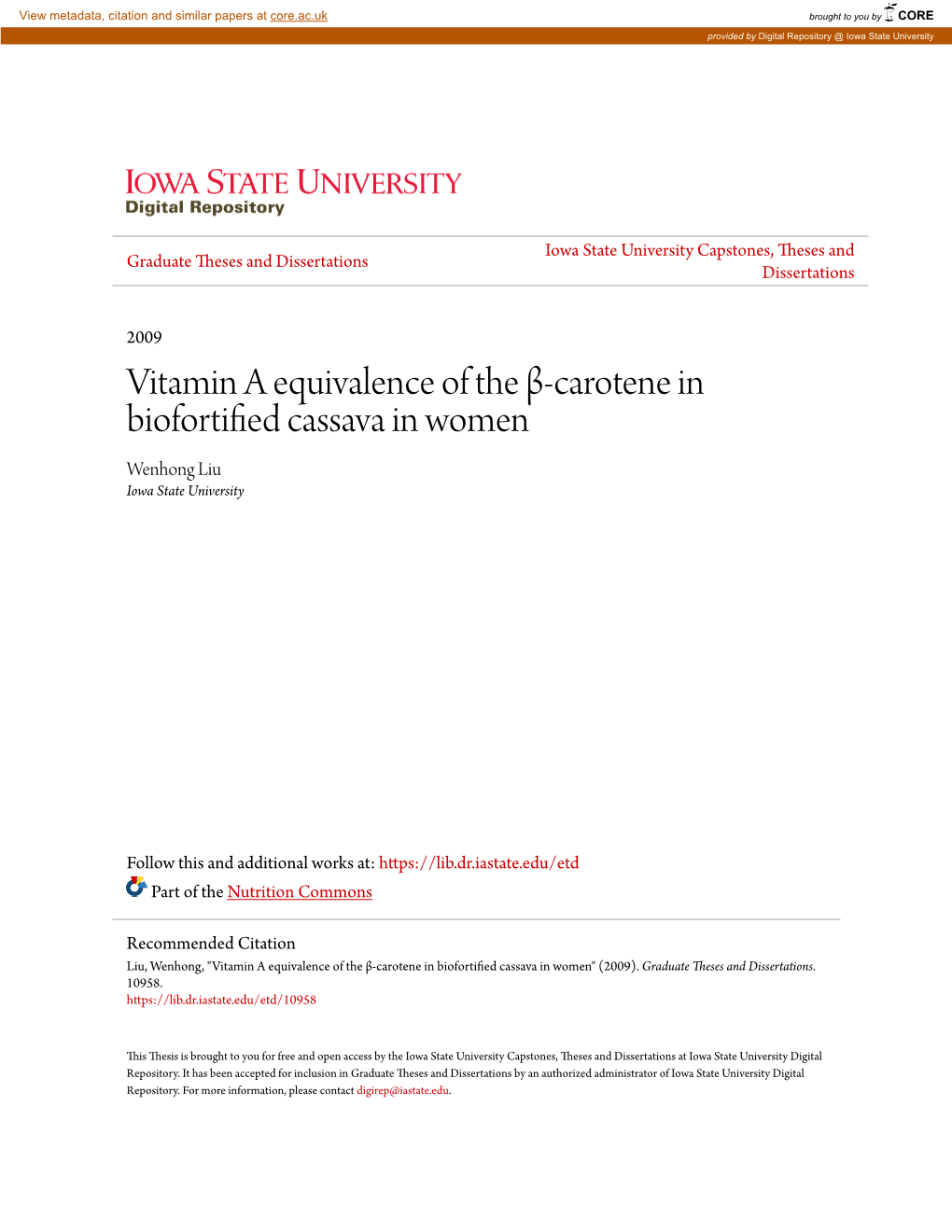 Vitamin a Equivalence of the Î²-Carotene in Biofortified Cassava In