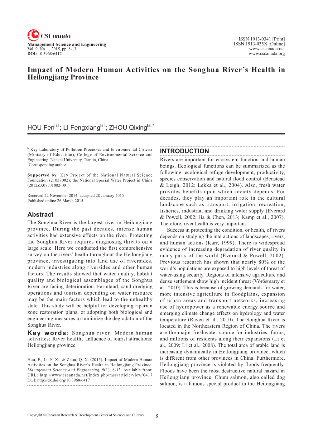 Impact of Modern Human Activities on the Songhua River's Health in Heilongjiang Province