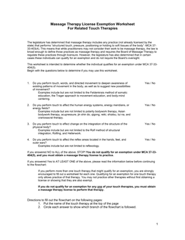 Massage Therapy License Exemption Worksheet for Related Touch Therapies