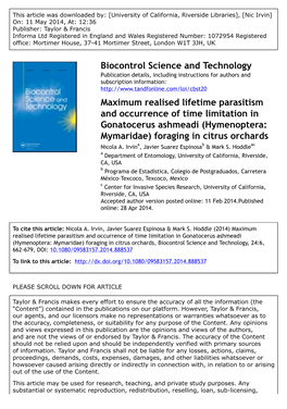 Maximum Realised Lifetime Parasitism and Occurrence of Time Limitation in Gonatocerus Ashmeadi (Hymenoptera: Mymaridae) Foraging in Citrus Orchards Nicola A