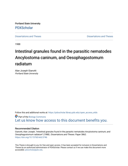 Intestinal Granules Found in the Parasitic Nematodes Ancylostoma Caninum, and Oesophagostomum Radiatum