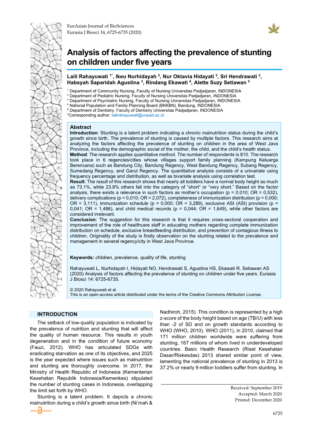 Analysis of Factors Affecting the Prevalence of Stunting on Children Under Five Years