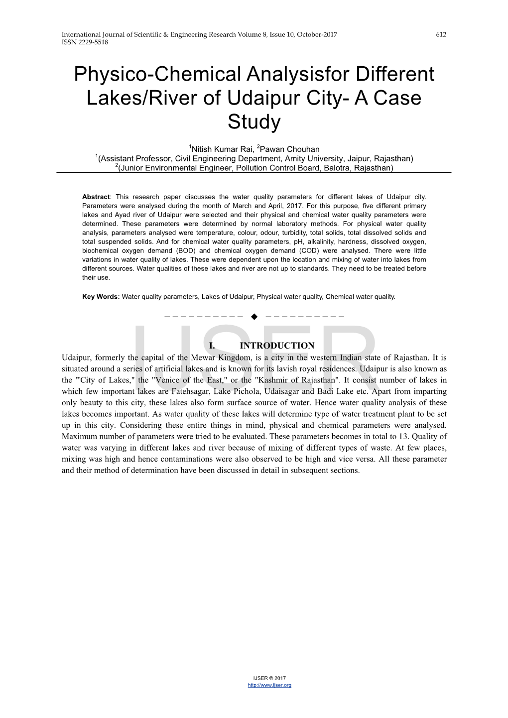 Physico-Chemical Analysisfor Different Lakes/River of Udaipur City- a Case Study