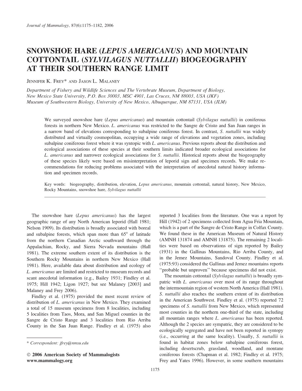 Snowshoe Hare (Lepus Americanus) and Mountain Cottontail (Sylvilagus Nuttallii) Biogeography at Their Southern Range Limit