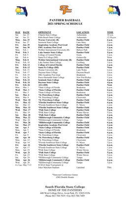 Panther Baseball 2021 Spring Schedule