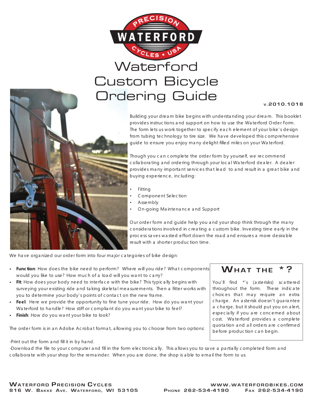 Waterford Custom Bicycle Ordering Guide V .2010.1018