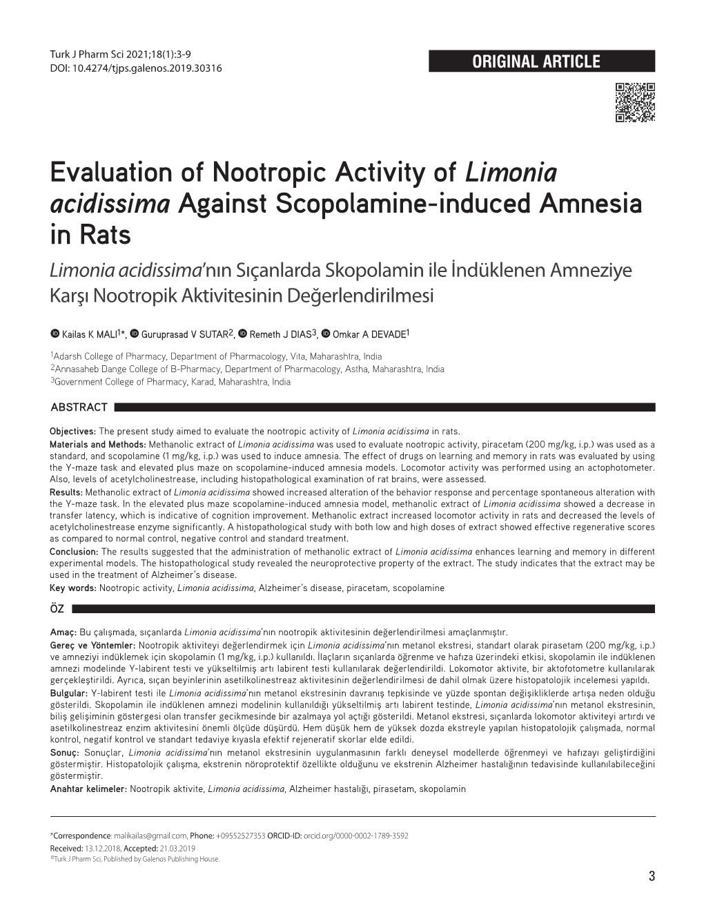 Evaluation of Nootropic Activity of Limonia Acidissima Against