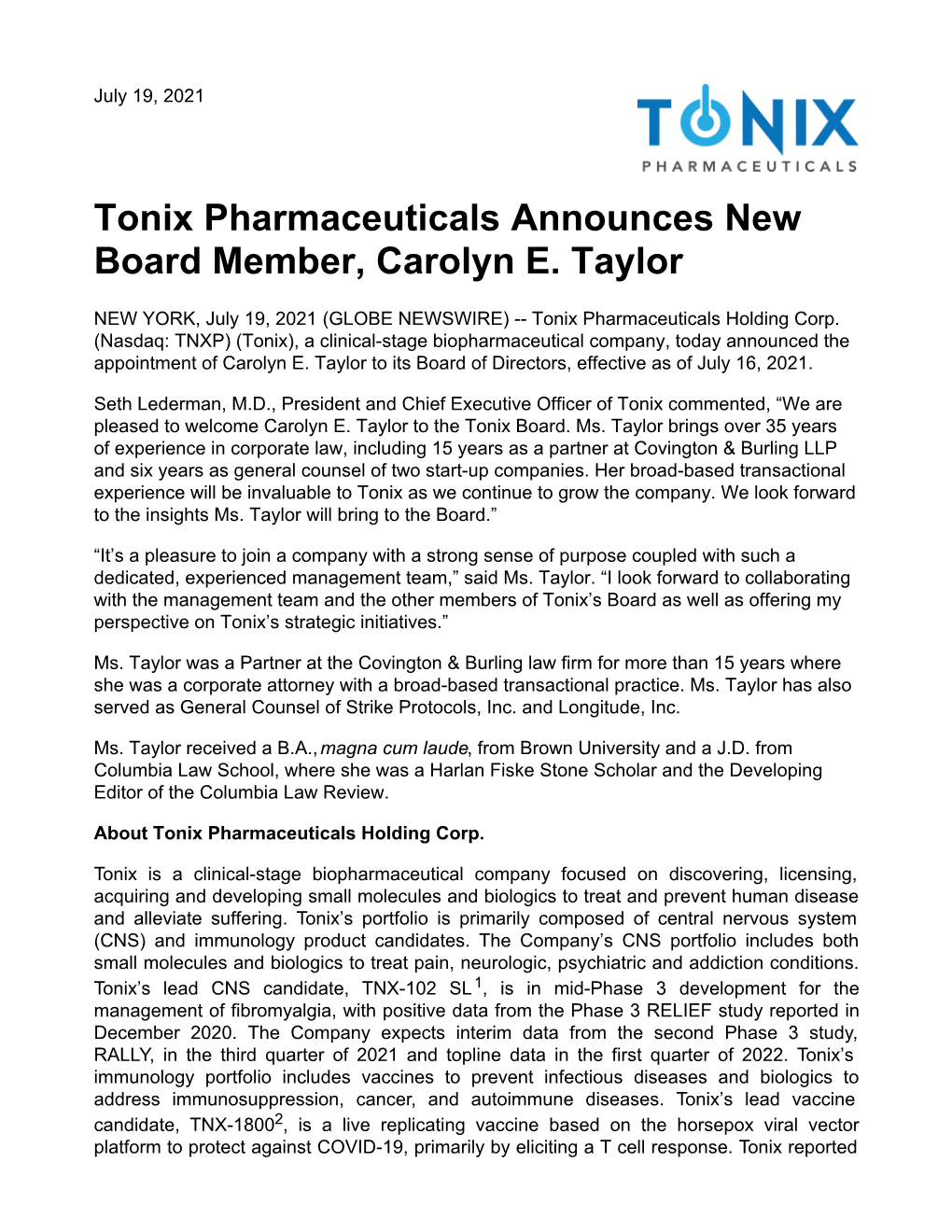 Tonix Pharmaceuticals Announces New Board Member, Carolyn E