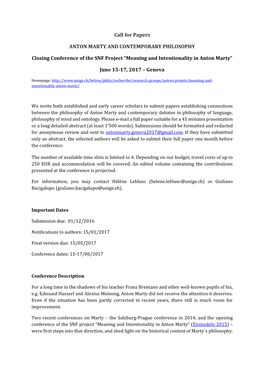 Call for Papers ANTON MARTY and CONTEMPORARY PHILOSOPHY