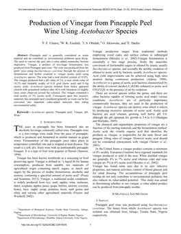 Production of Vinegar from Pineapple Peel Wine Using Acetobacter Species