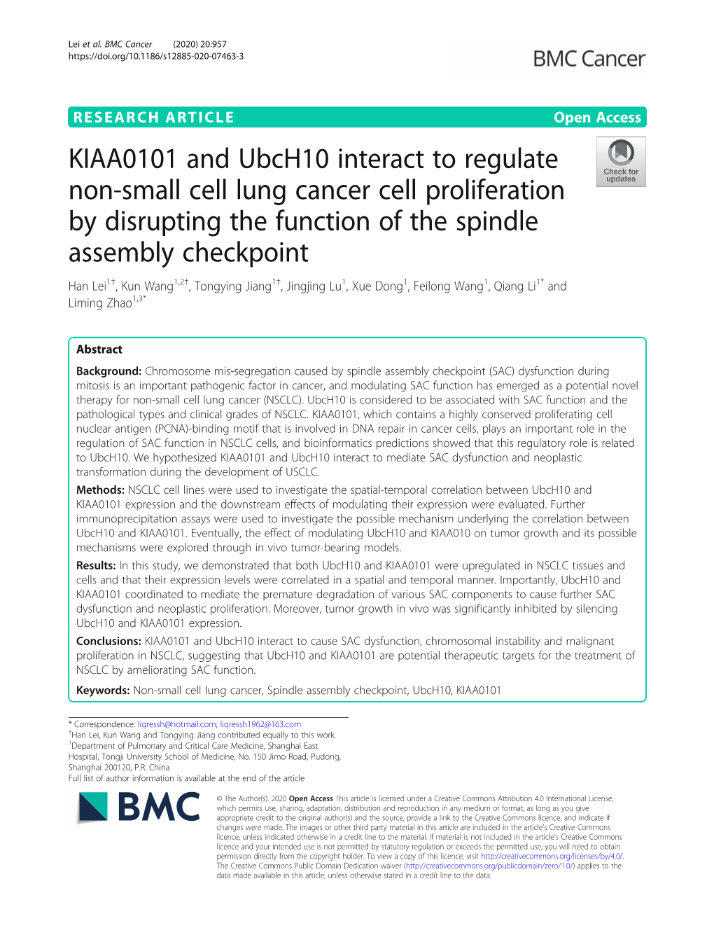 KIAA0101 and Ubch10 Interact to Regulate Non-Small Cell Lung Cancer