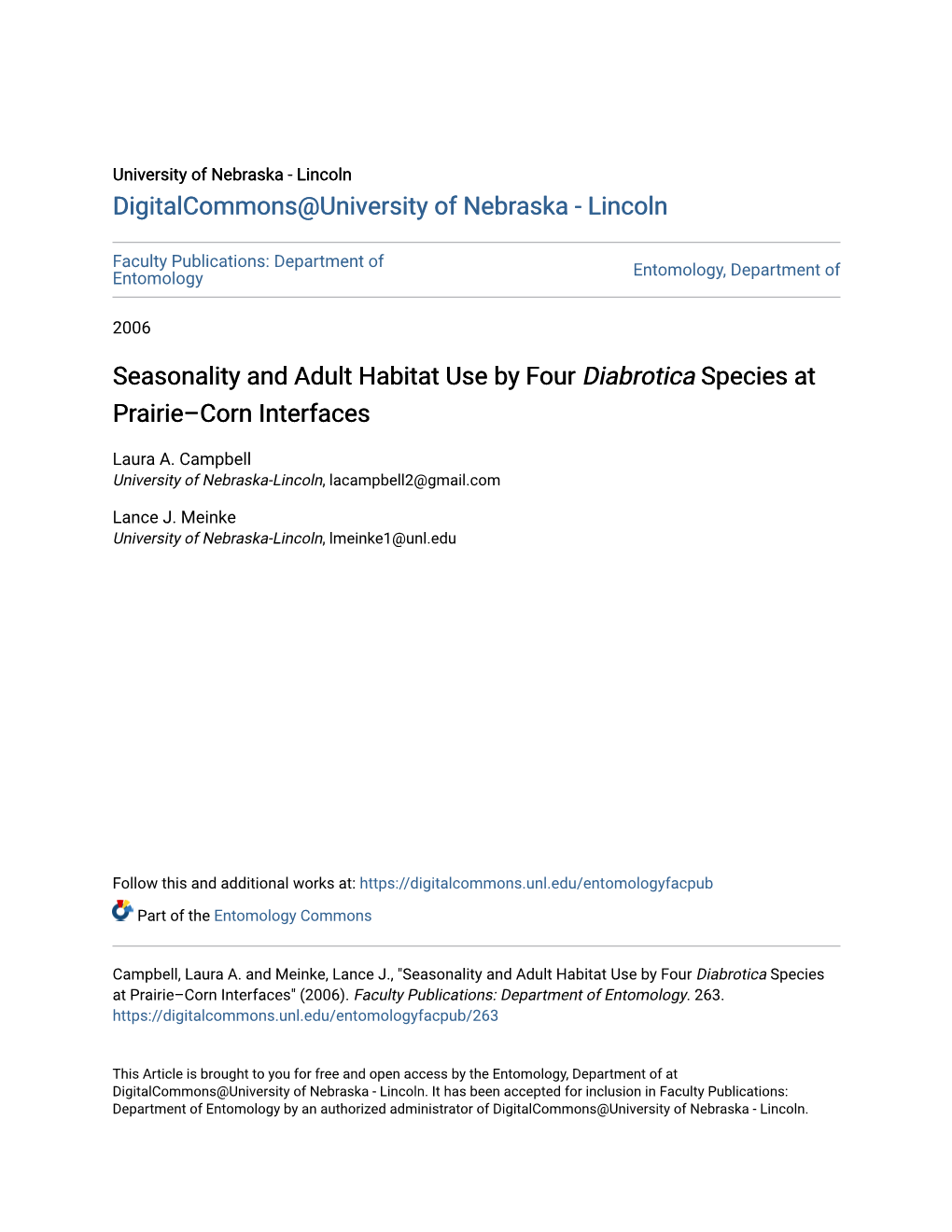 Seasonality and Adult Habitat Use by Four Diabrotica Species at Prairie–Corn Interfaces