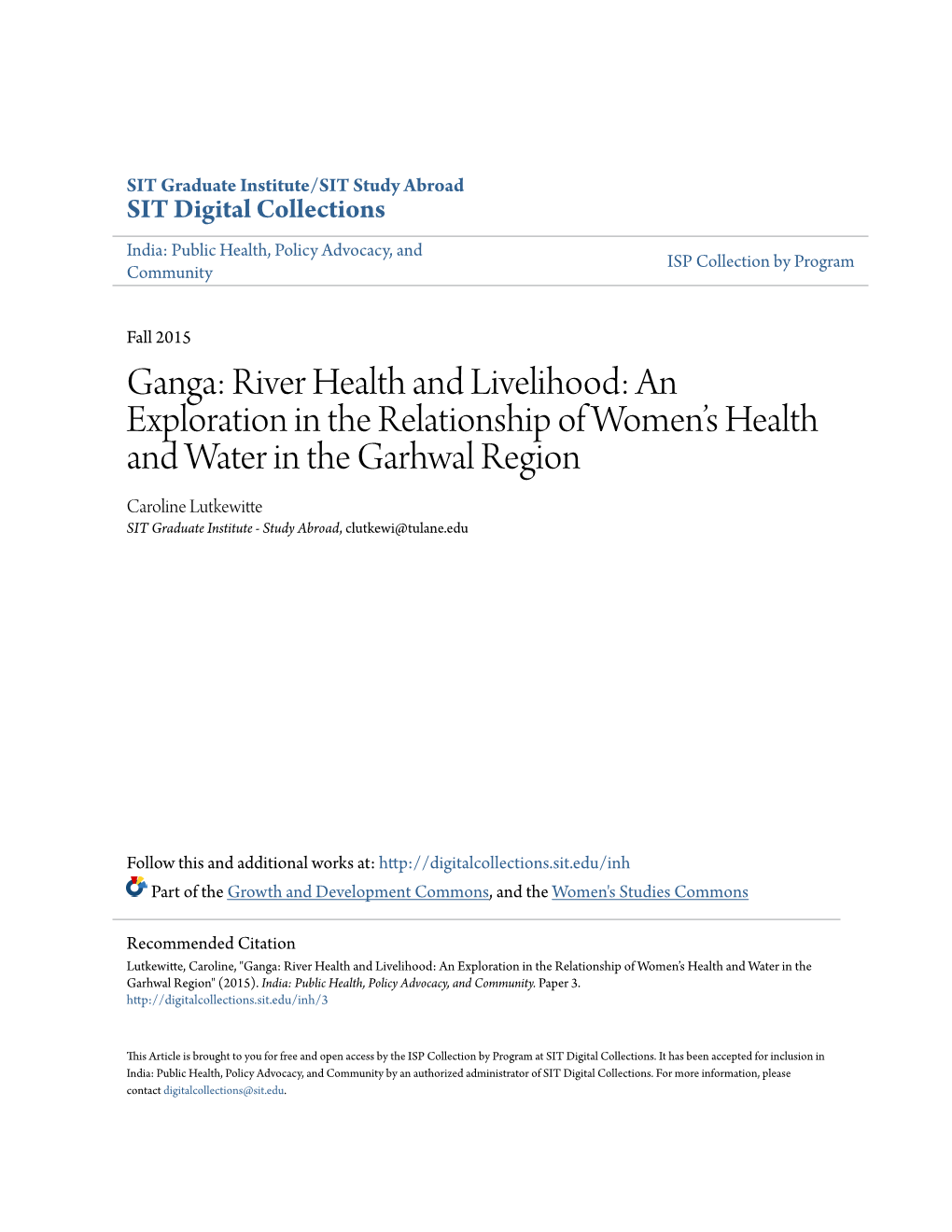 Ganga: River Health and Livelihood