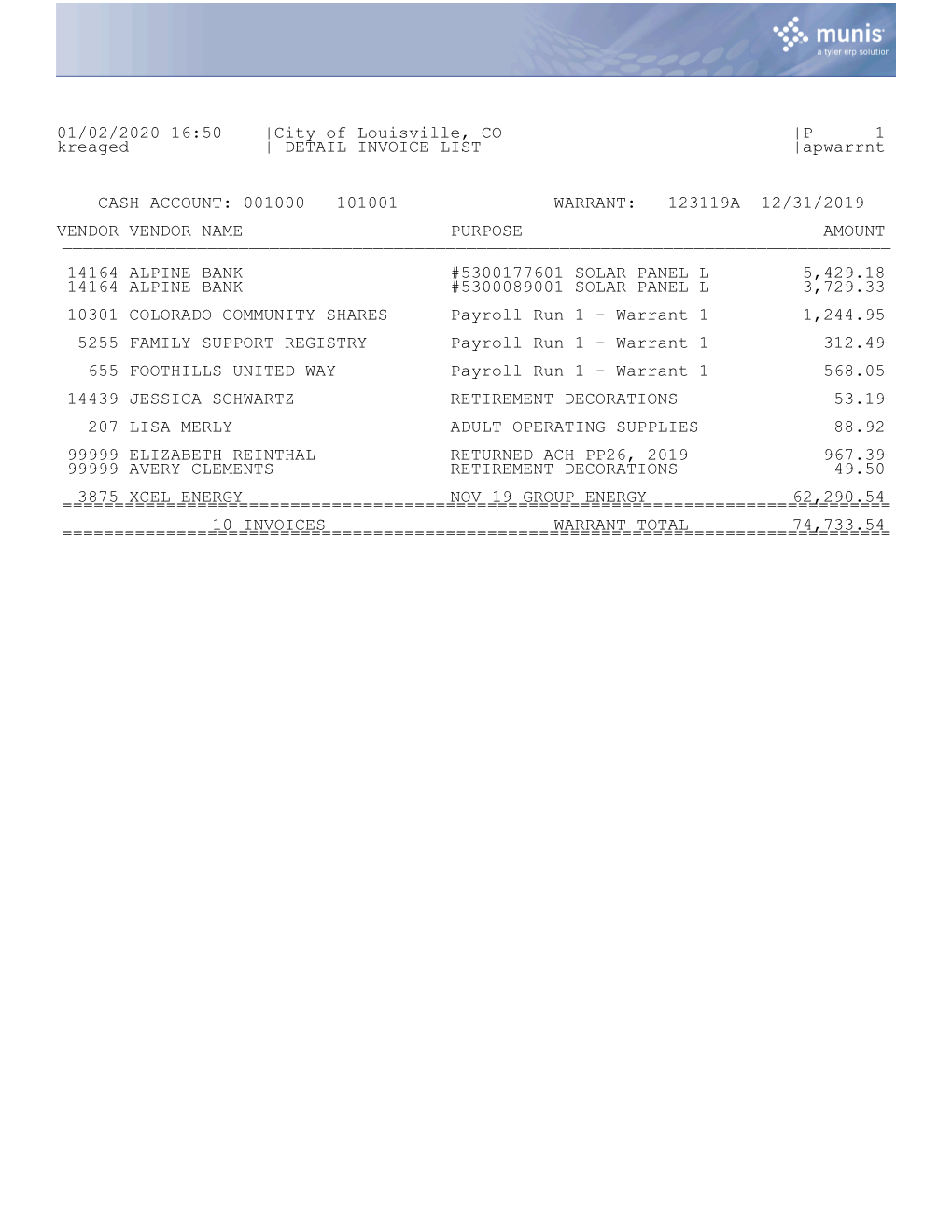 01/02/2020 16:50 |City of Louisville, CO |P 1 Kreaged | DETAIL INVOICE LIST |Apwarrnt