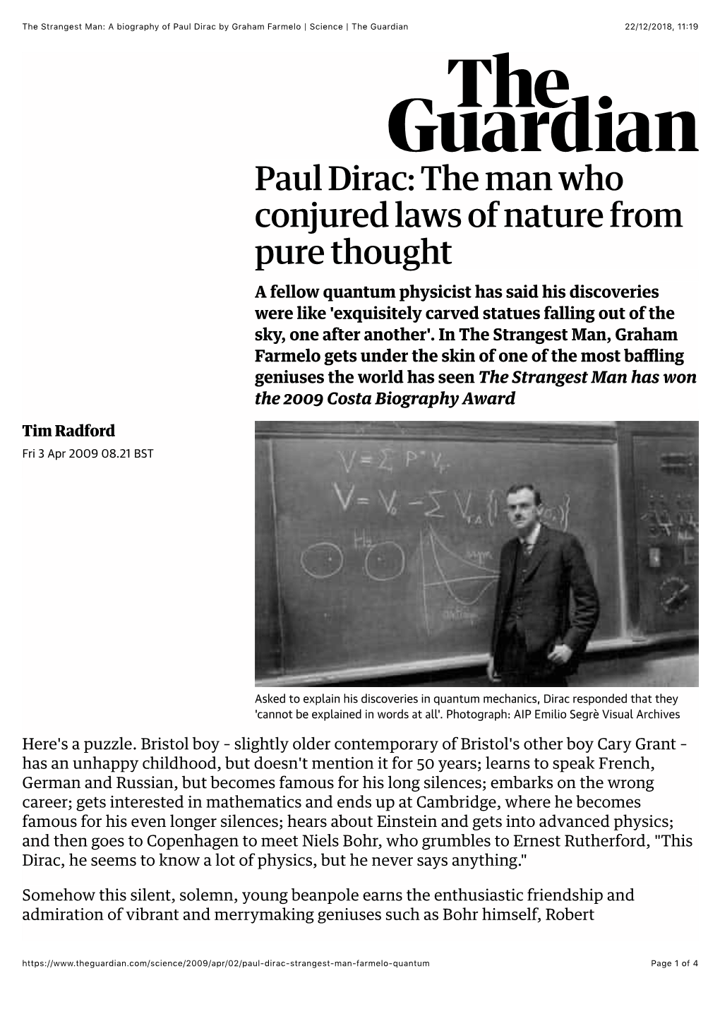 A Biography of Paul Dirac by Graham Farmelo | Science | the Guardian 22/12/2018, 11(19