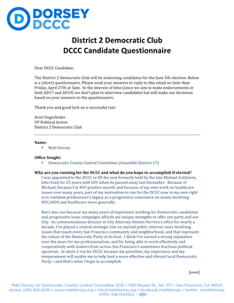 District 2 Democratic Club DCCC Candidate Questionnaire