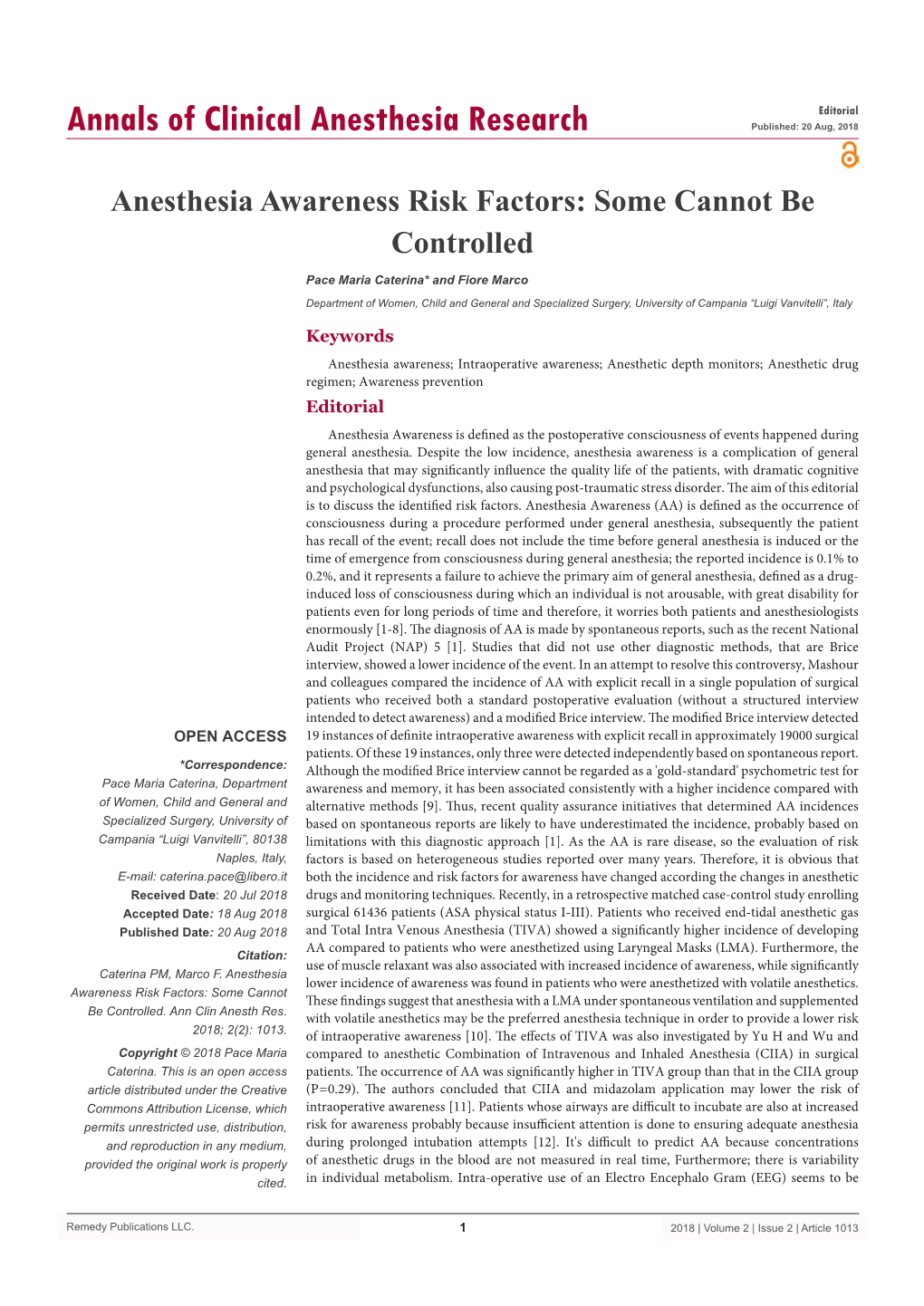 Anesthesia Awareness Risk Factors: Some Cannot Be Controlled