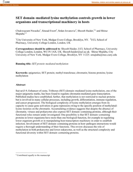 SET Domain–Mediated Lysine Methylation Controls Growth in Lower Organisms and Transcriptional Machinery in Hosts