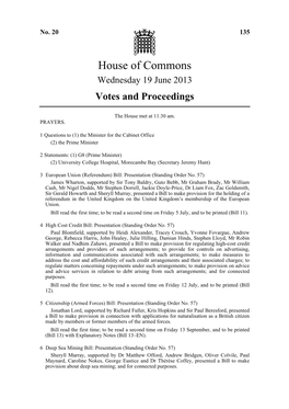 House of Commons Wednesday 19 June 2013 Votes and Proceedings