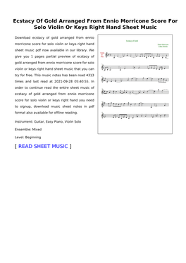Ecstacy of Gold Arranged from Ennio Morricone Score for Solo Violin Or Keys Right Hand Sheet Music