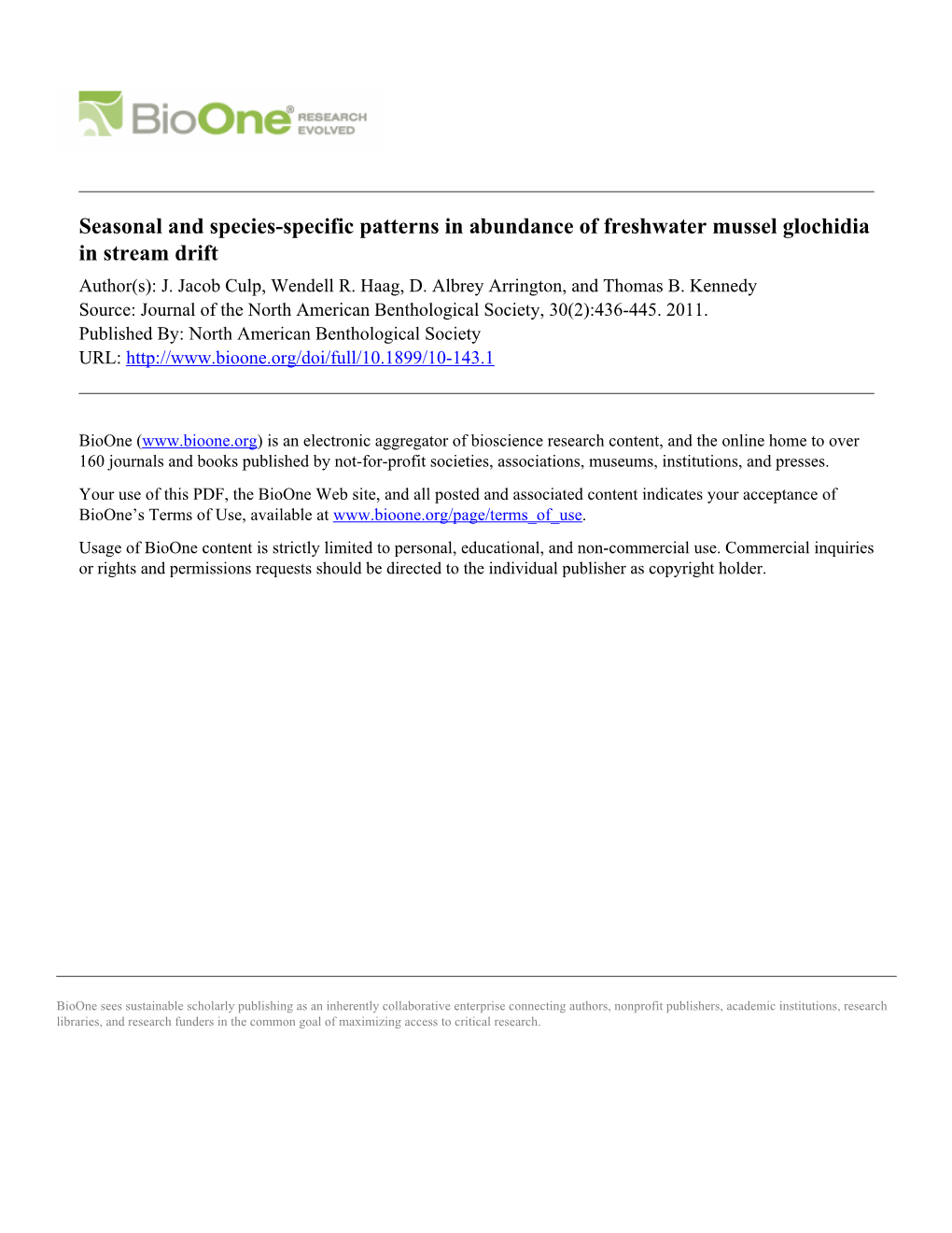 Seasonal and Species-Specific Patterns in Abundance of Freshwater Mussel Glochidia in Stream Drift Author(S): J