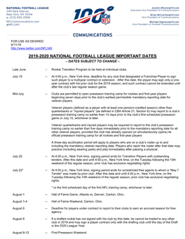 2019-2020 National Football League Important Dates – Dates Subject to Change –