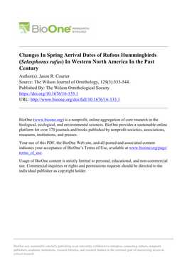 Changes in Spring Arrival Dates of Rufous Hummingbirds (Selasphorus Rufus) in Western North America in the Past Century Author(S): Jason R