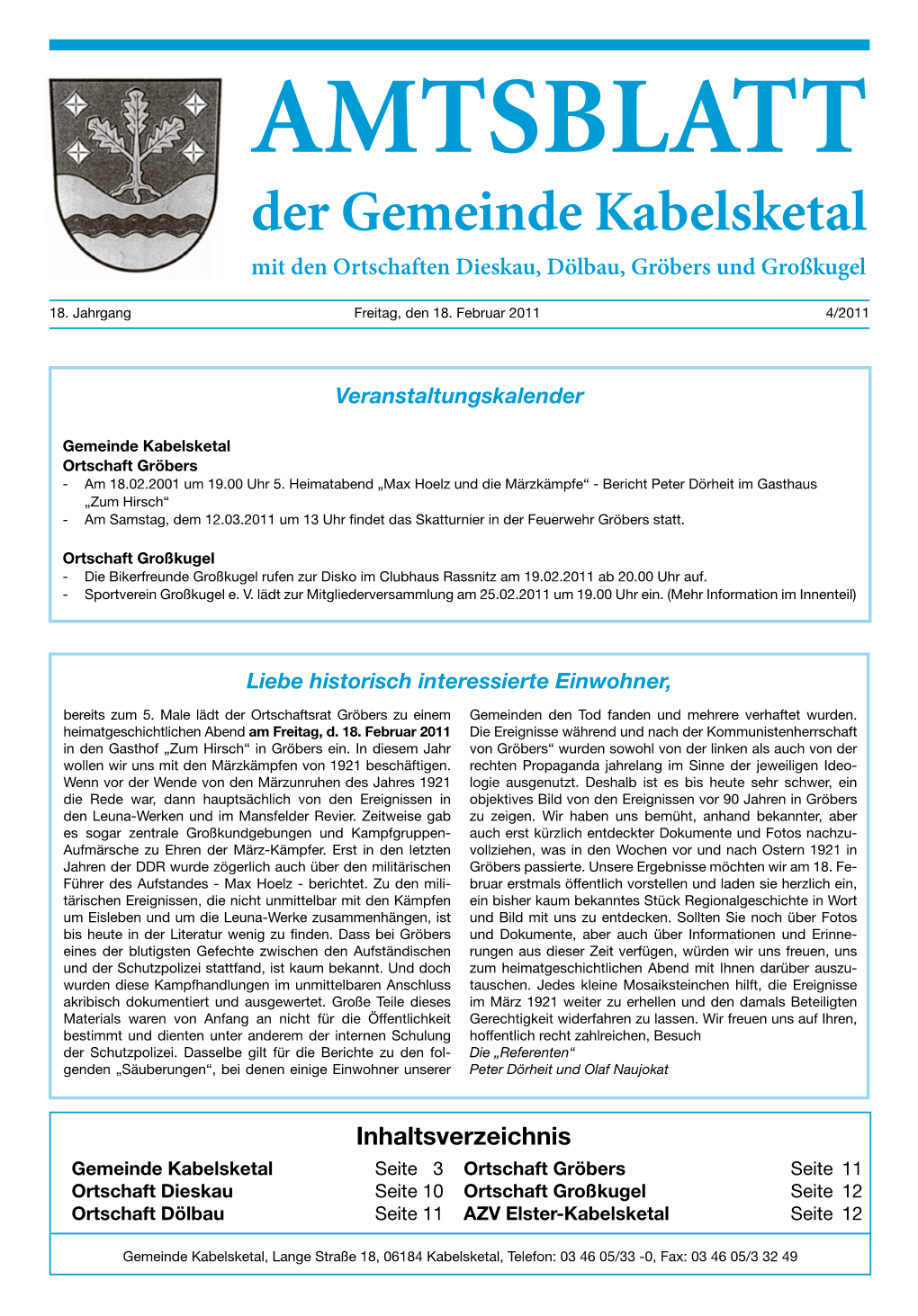 AMTSBLATT Der Gemeinde Kabelsketal Mit Den Ortschaften Dieskau, Dölbau, Gröbers Und Großkugel