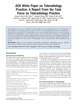 ACR White Paper on Teleradiology Practice: a Report from the Task Force on Teleradiology Practice Ezequiel Silva III, MD (Chair)A,B, Jonathan Breslau, Mdc, Robert M