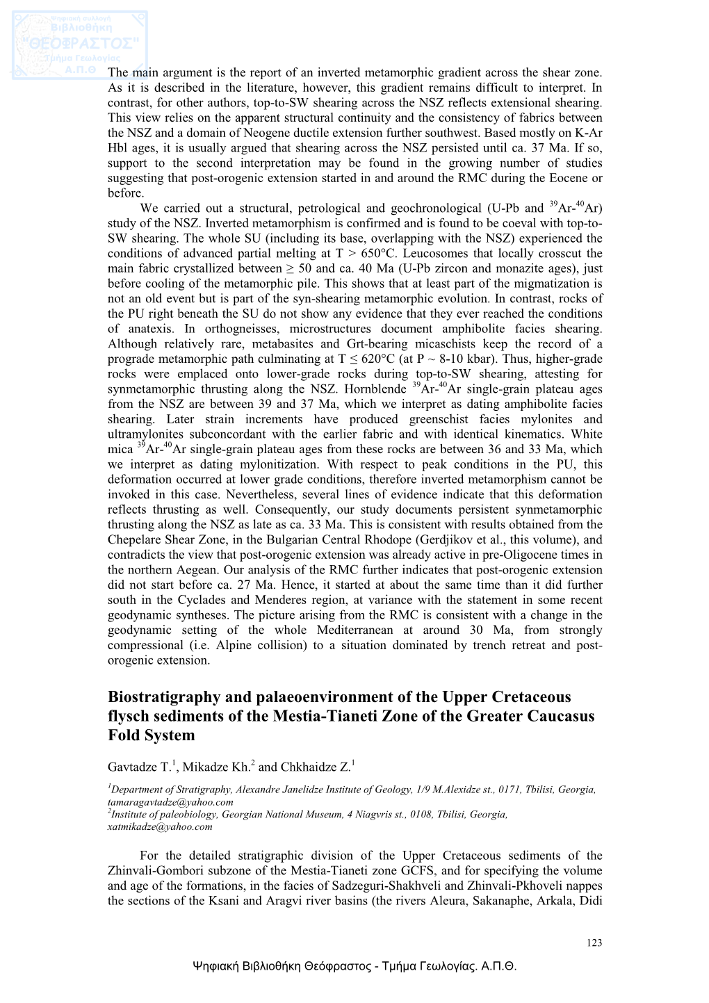 Biostratigraphy and Palaeoenvironment of the Upper Cretaceous Flysch Sediments of the Mestia-Tianeti Zone of the Greater Caucasus Fold System