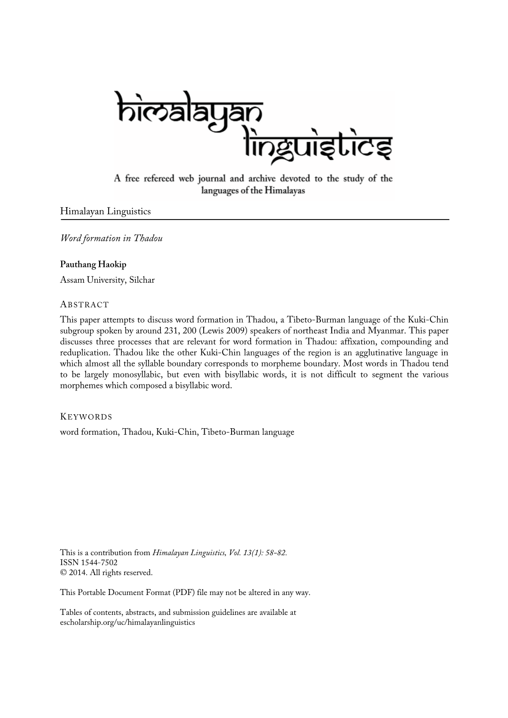 Himalayan Linguistics Word Formation in Thadou