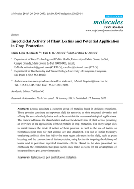 Insecticidal Activity of Plant Lectins and Potential Application in Crop Protection