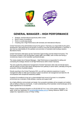 General Manager – High Performance