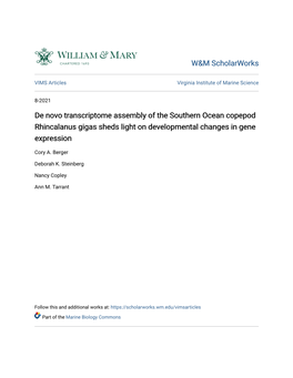 De Novo Transcriptome Assembly of the Southern Ocean Copepod Rhincalanus Gigas Sheds Light on Developmental Changes in Gene Expression