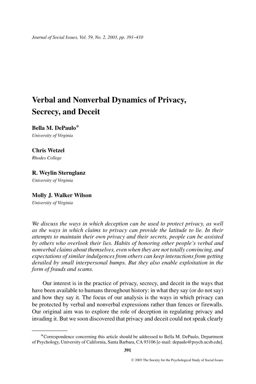 Verbal and Nonverbal Dynamics of Privacy, Secrecy, and Deceit ∗ Bella M