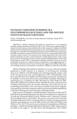 Plumage Variation in Bering Sea Plectrophenax Buntings and the Specific Status of Mckay's Bunting