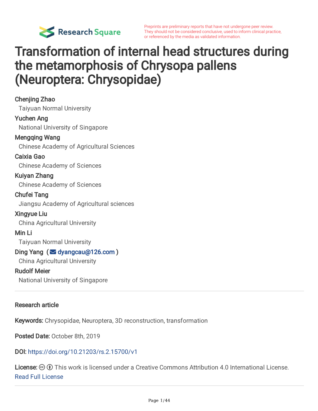 Transformation of Internal Head Structures During the Metamorphosis of Chrysopa Pallens (Neuroptera: Chrysopidae)