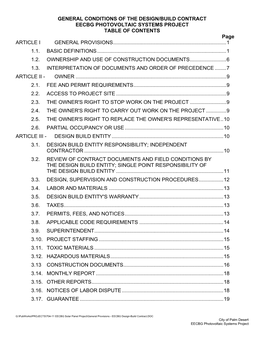 GENERAL CONDITIONS of the DESIGN/BUILD CONTRACT EECBG PHOTOVOLTAIC SYSTEMS PROJECT TABLE of CONTENTS Page ARTICLE I GENERAL PROVISIONS