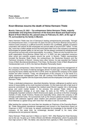 Knorr-Bremse Mourns the Death of Heinz Hermann Thiele