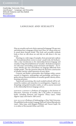 Language and Sexuality Deborah Cameron and Don Kulick Frontmatter More Information