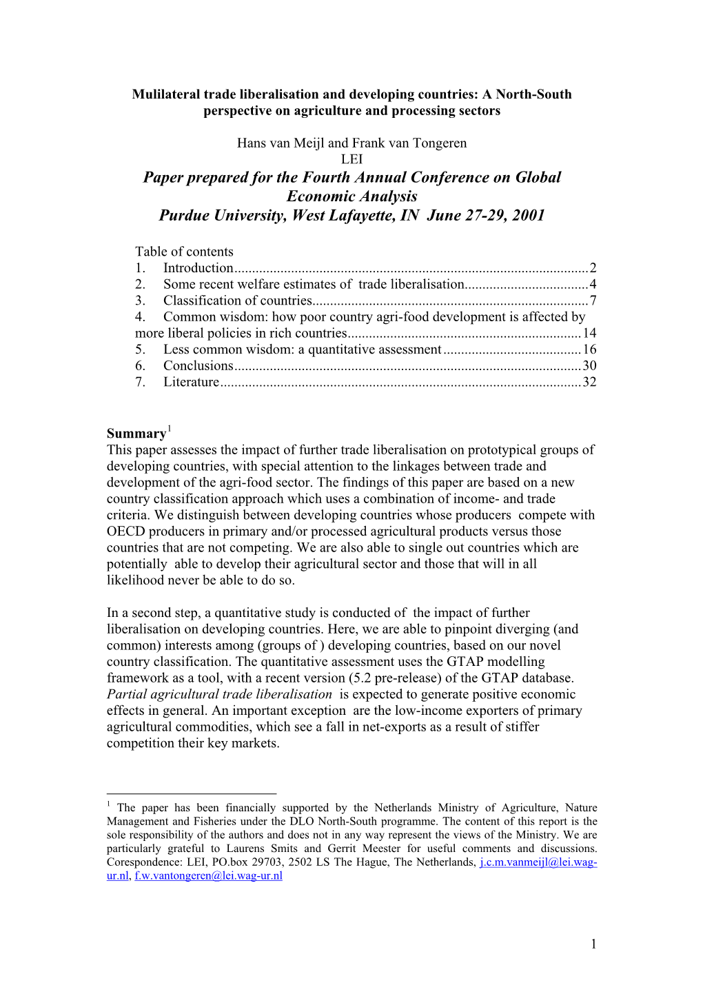 Mulilateral Trade Liberalisation and Developing Countries: a North-South Perspective on Agriculture and Processing Sectors